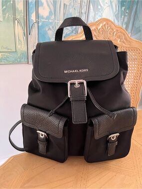 Michael Kors Black Nylon & Leather Buckle Backpack